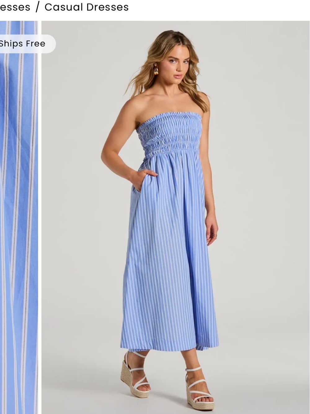 Windsor Blue Striped Strapless Midi Dress